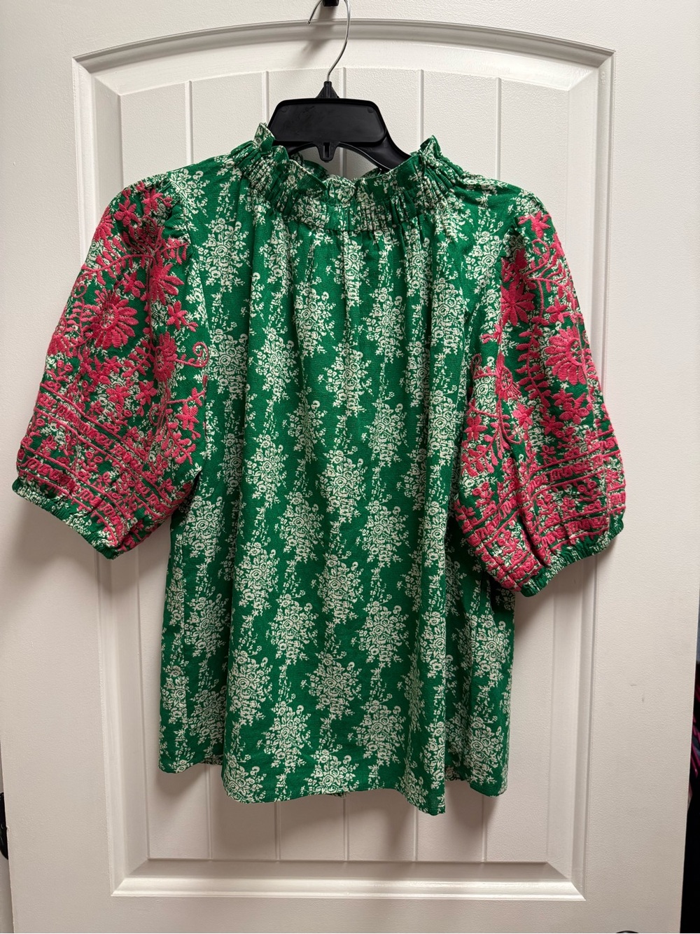 THML Green Floral Pink Embroidered Lace Sleeve Boho Blouse Small NWOT - Picture 5 of 11